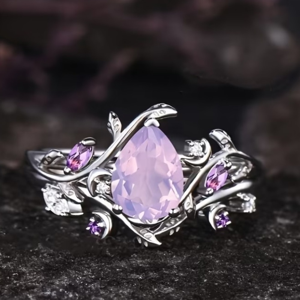 Silver Pink Teardrop Ring